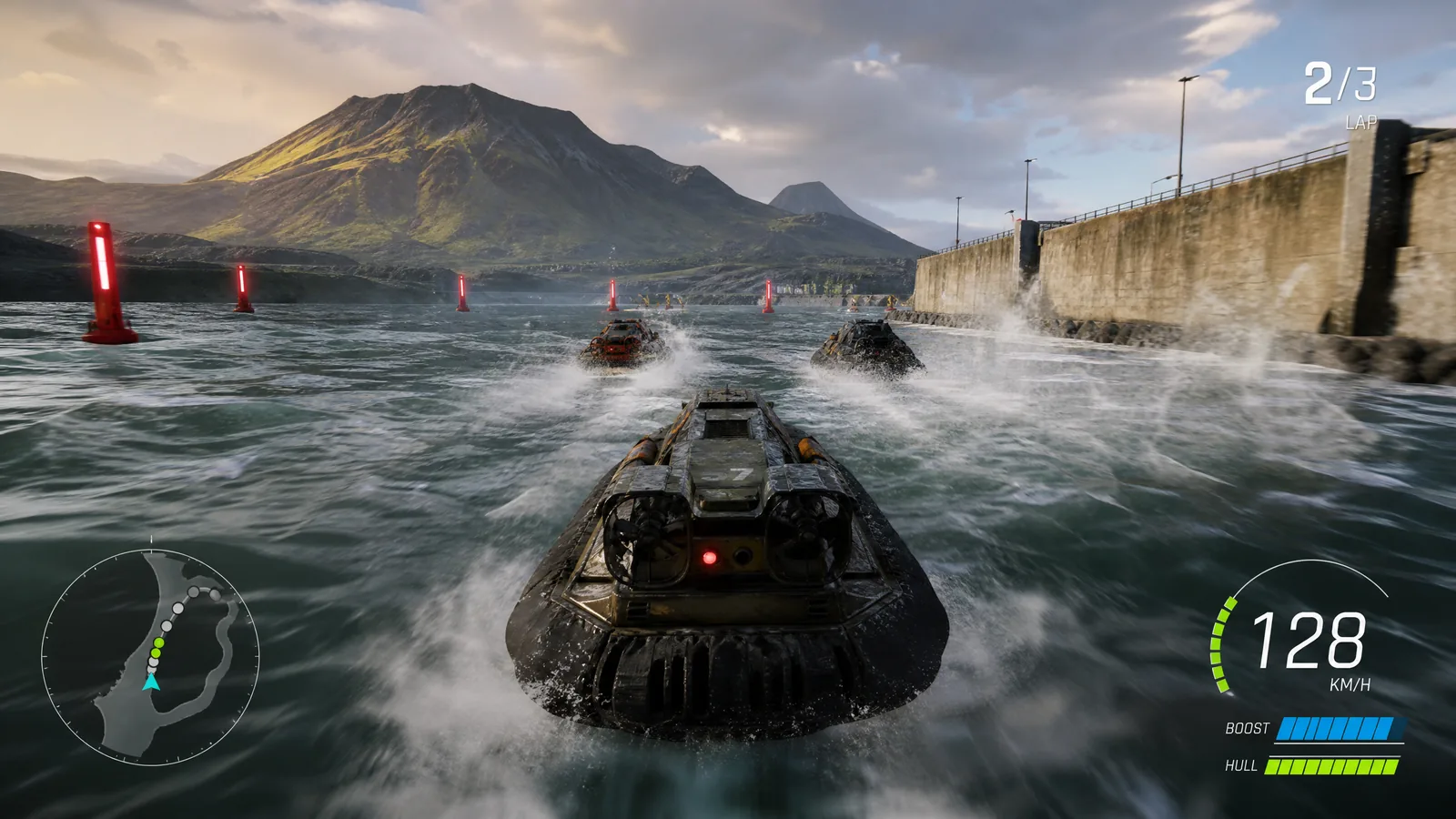 Third-person hovercraft racing gameplay beside a stormy breakwater with rival craft, speed HUD, boost meter and coastal minimap.