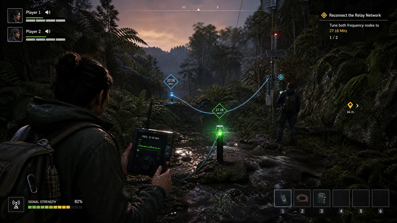 Cooperative forest gameplay with two characters operating a portable tuner and relay mast beside a stream, with signal bars and shared objective HUD.