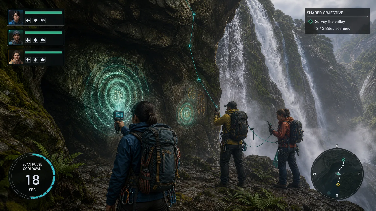 Cooperative exploration gameplay with three hikers operating echo scanners and rope tools in a Fiordland valley.