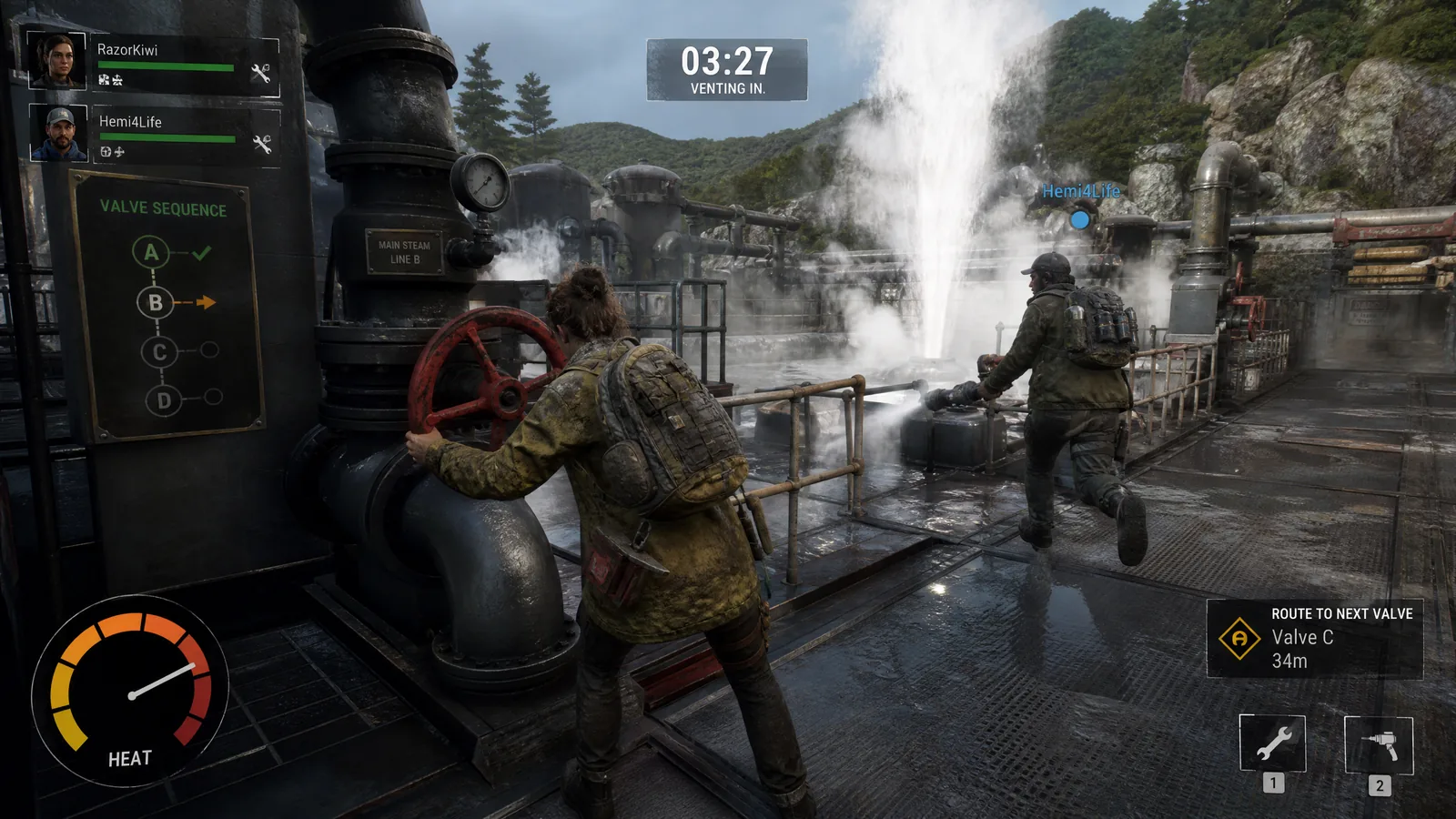 Cooperative geothermal-plant gameplay with two characters operating valves amid steam vents and a countdown HUD.