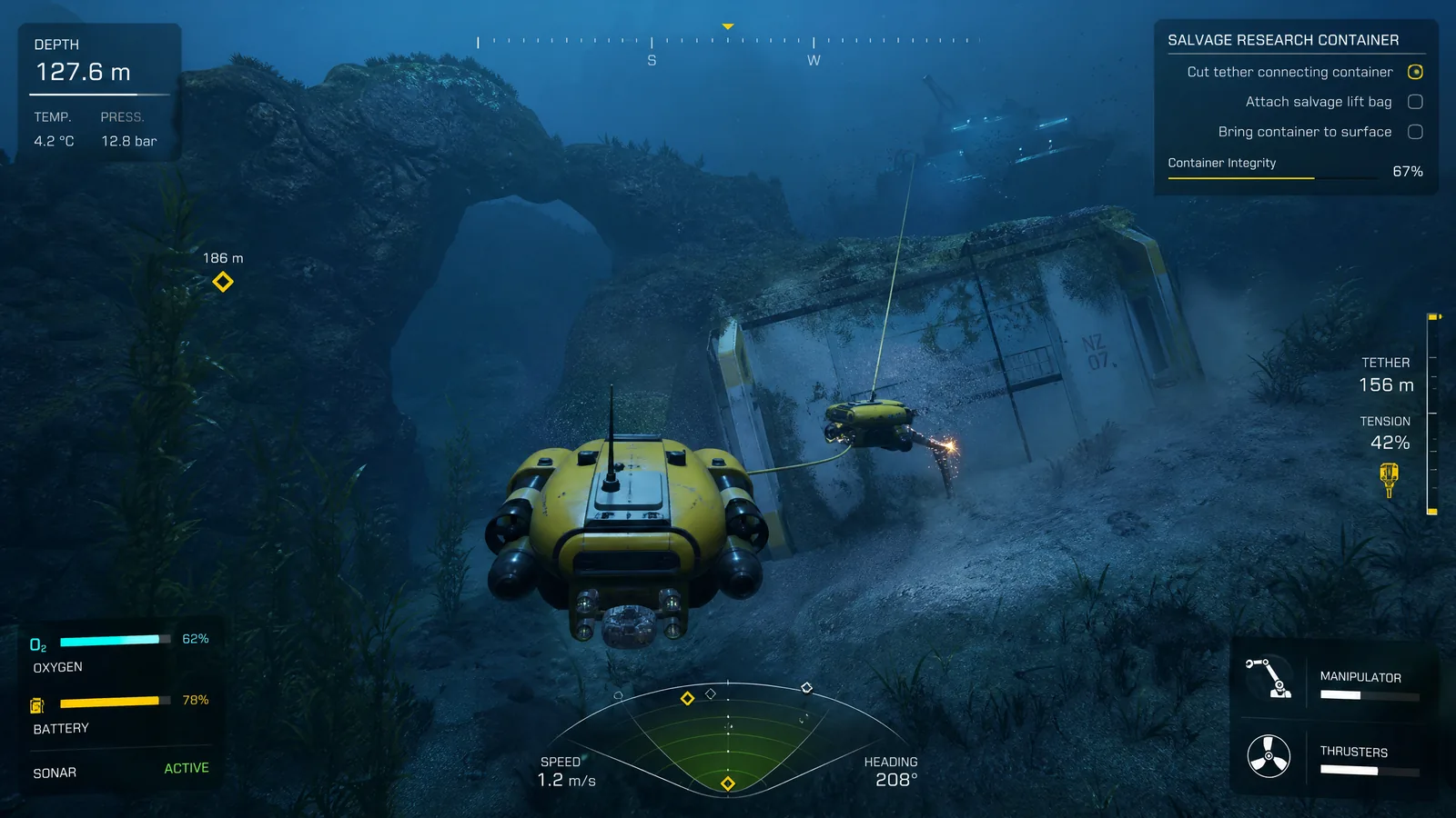 Underwater salvage gameplay behind a yellow submersible with a cutting drone, research container, sonar, depth and tether HUD.