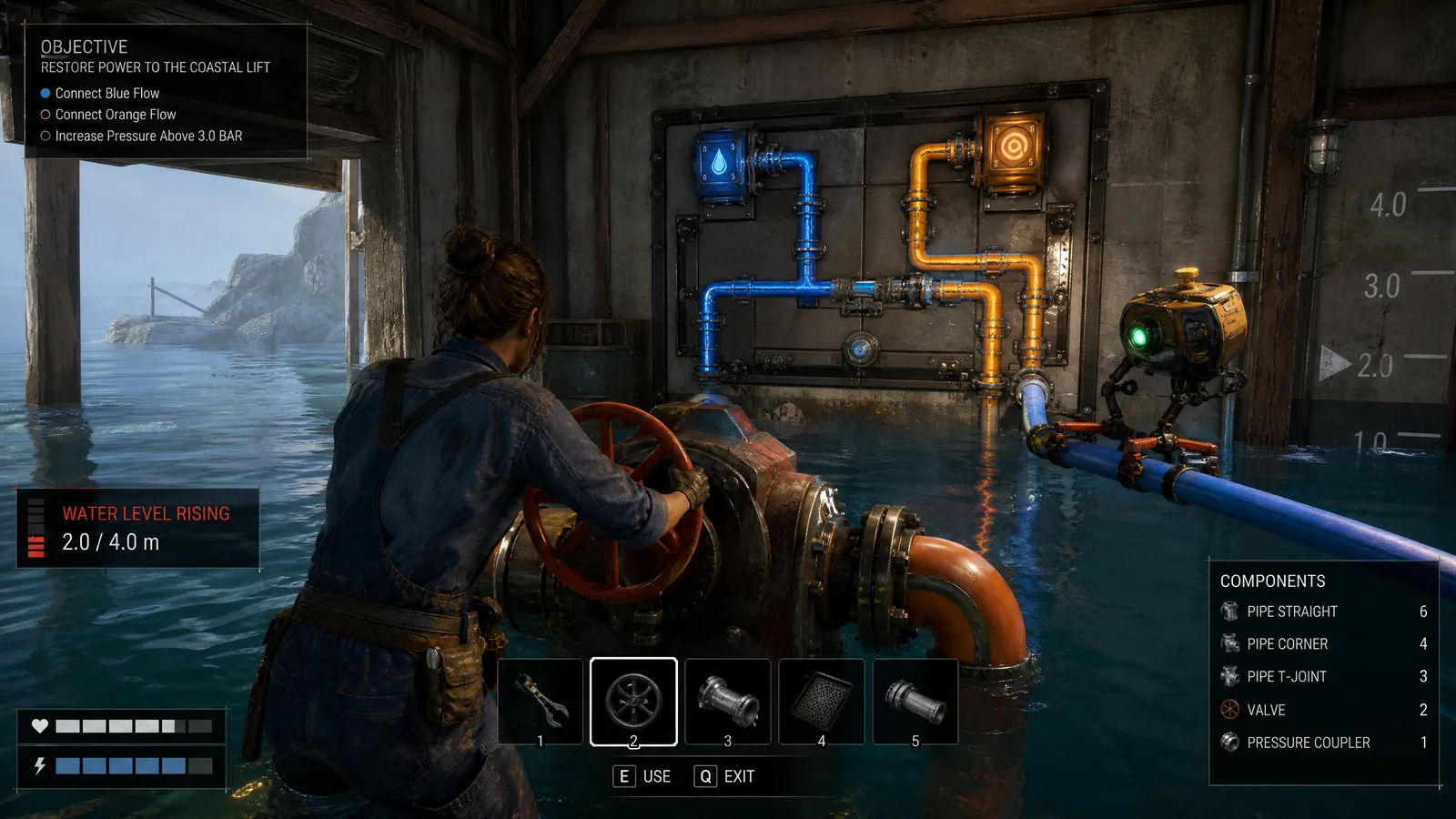 Cooperative engineering puzzle gameplay with two characters operating valves and pressure pipes as water rises, with tool and pressure HUD.